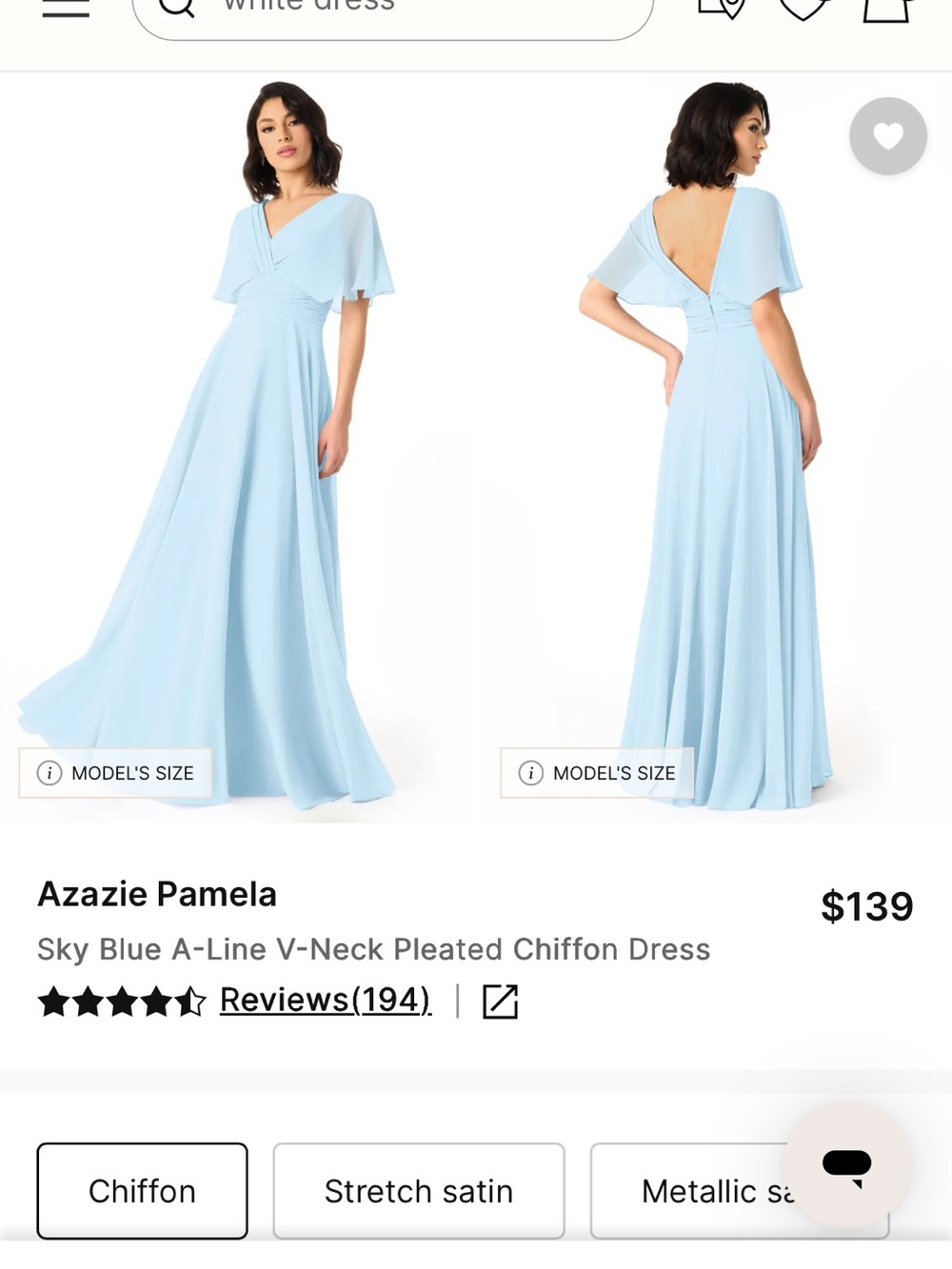 Azazie Sky Blue Flutter-Sleeve V-Neck Chiffon Gown